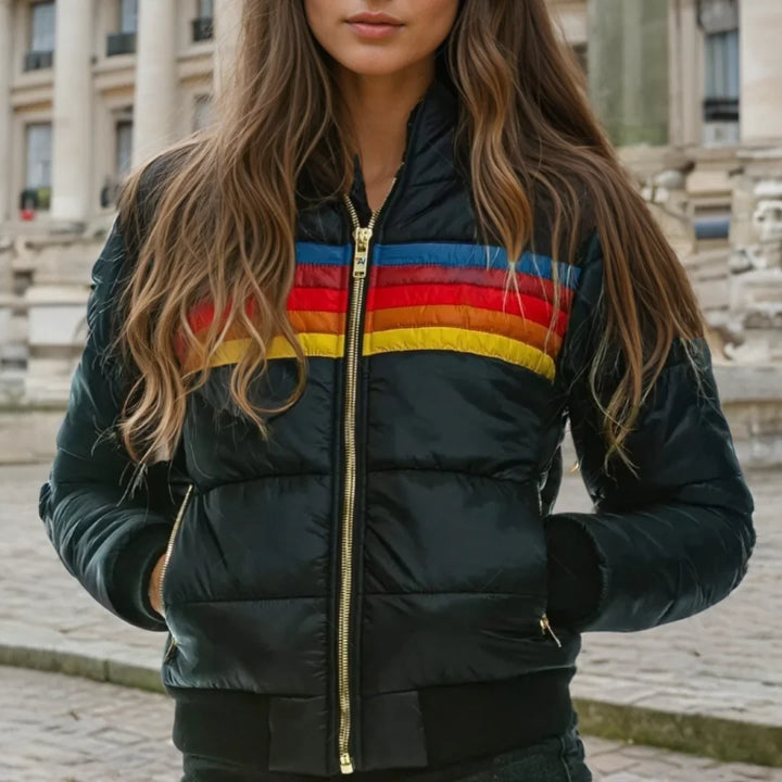 Women's Retro Rainbow Stripe Colour Block Puffer Jacket