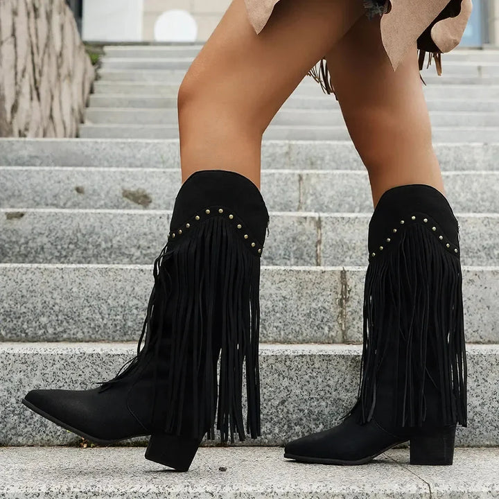 Women's Cowboy Boots, Mid-Calf Fringe And Fold-Over Strap