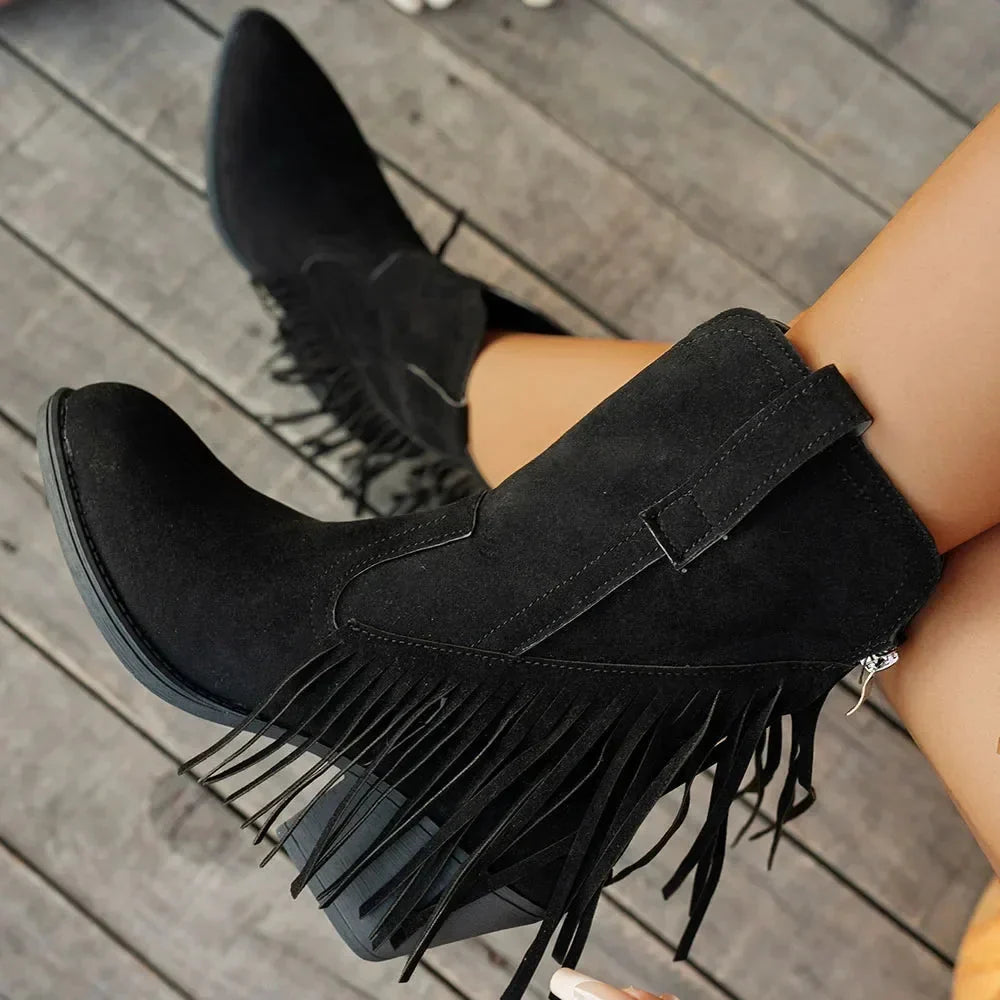 Women's Cowboy Boots, Mid-Calf Fringe And Fold-Over Strap