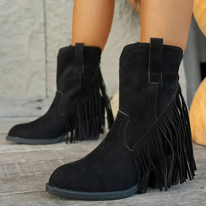 Women's Cowboy Boots, Mid-Calf Fringe And Fold-Over Strap