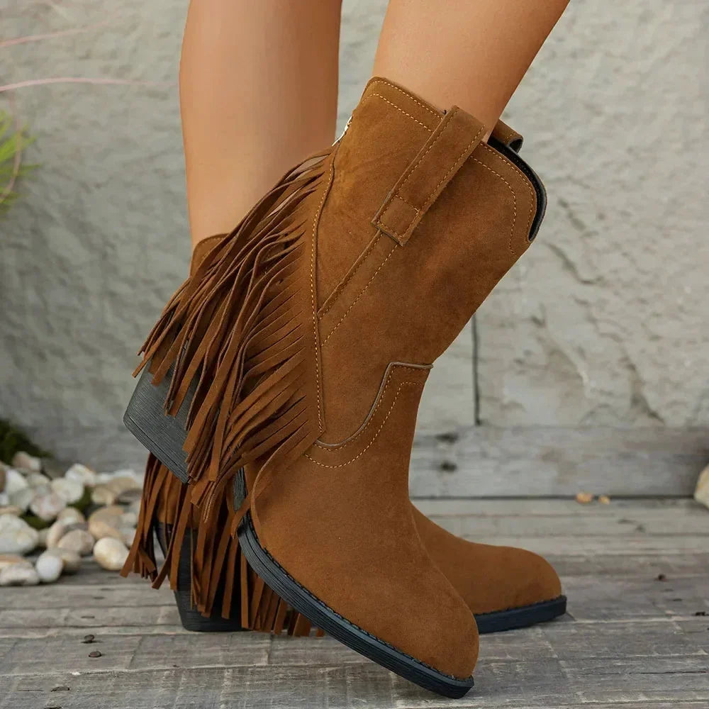 Women's Cowboy Boots, Mid-Calf Fringe And Fold-Over Strap