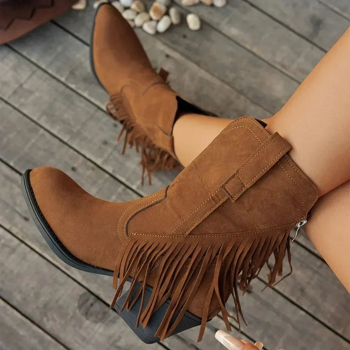 Women's Cowboy Boots, Mid-Calf Fringe And Fold-Over Strap