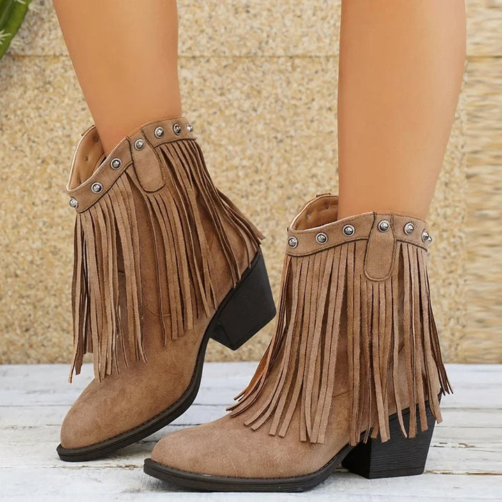 Women's Cowboy Boots, Mid-Calf Fringe And Fold-Over Strap