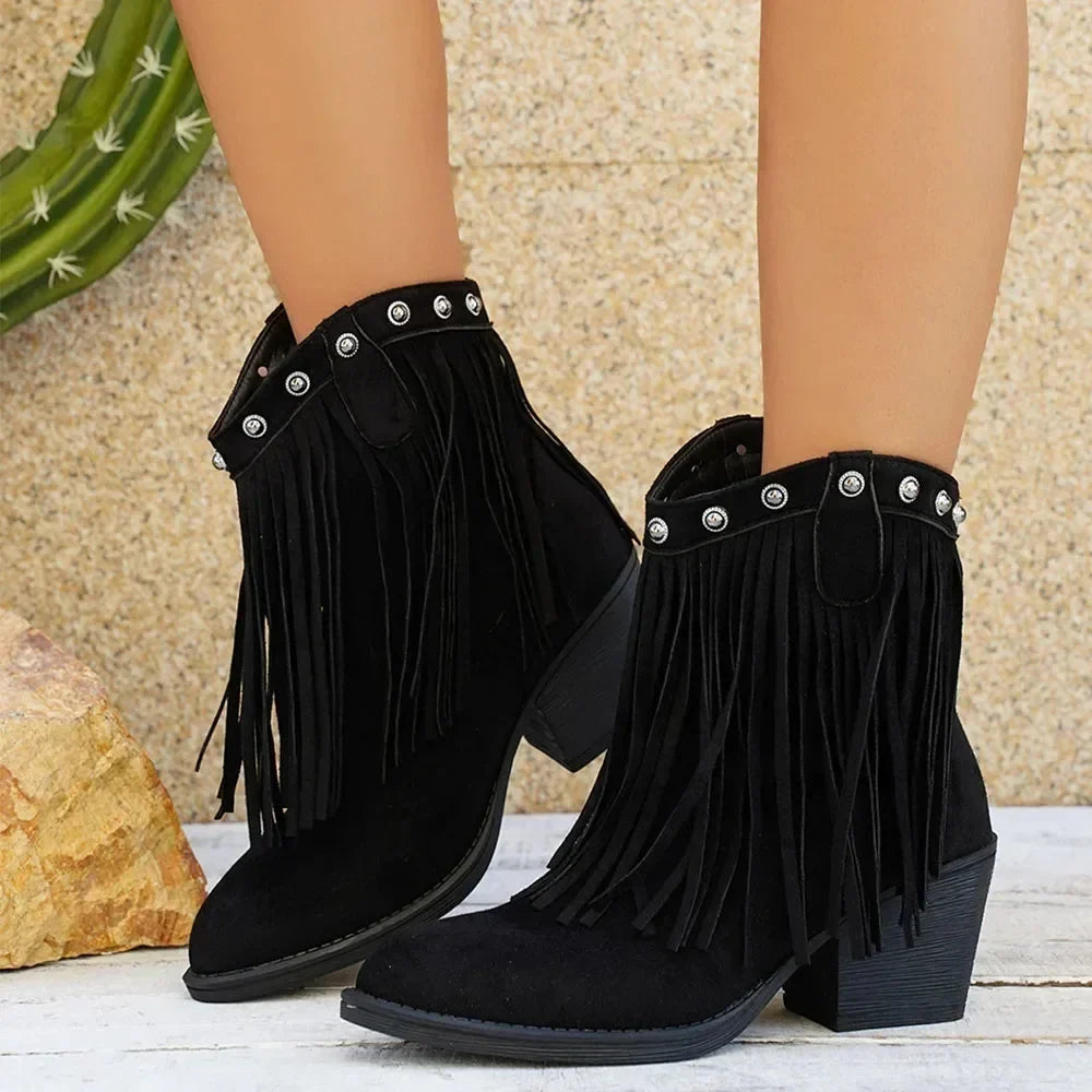 Women's Cowboy Boots, Mid-Calf Fringe And Fold-Over Strap