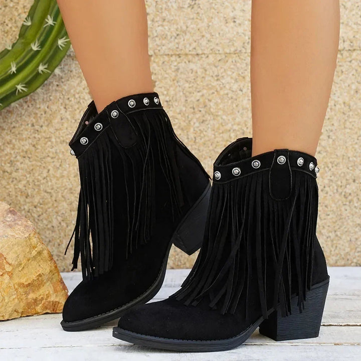Women's Cowboy Boots, Mid-Calf Fringe And Fold-Over Strap