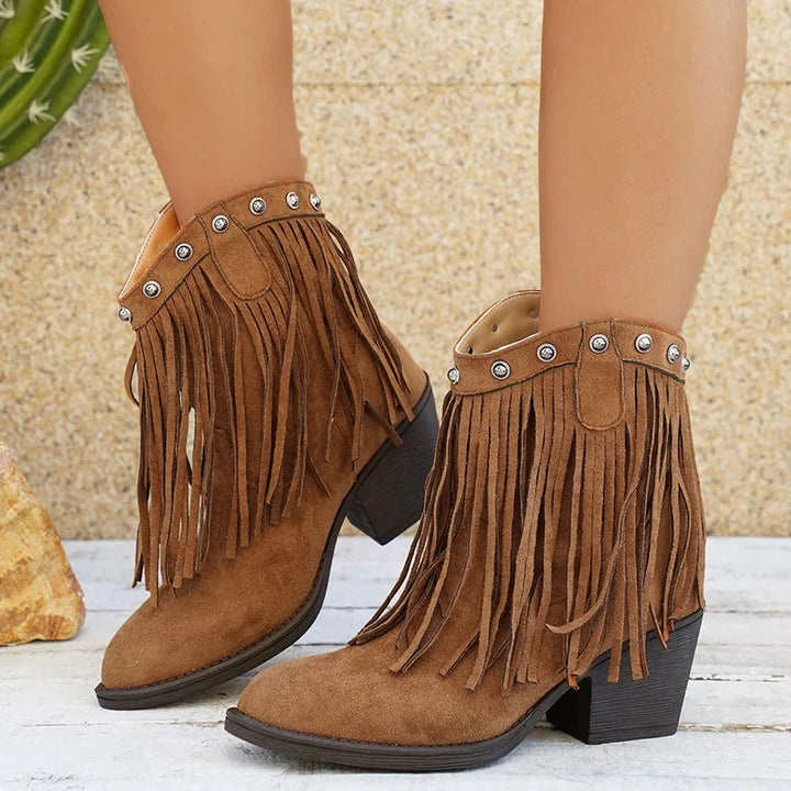 Women's Cowboy Boots, Mid-Calf Fringe And Fold-Over Strap