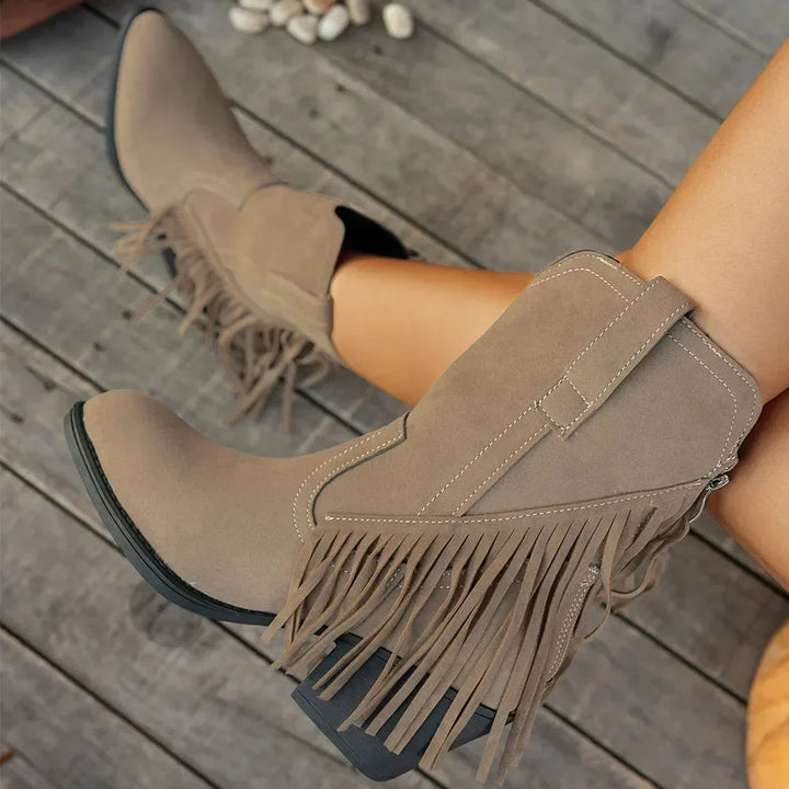 Women's Cowboy Boots, Mid-Calf Fringe And Fold-Over Strap