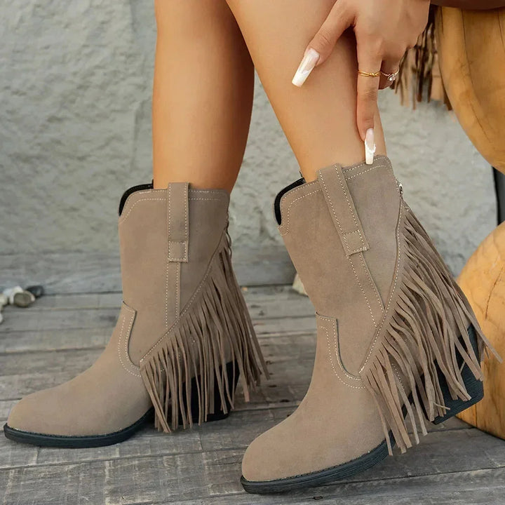 Women's Cowboy Boots, Mid-Calf Fringe And Fold-Over Strap