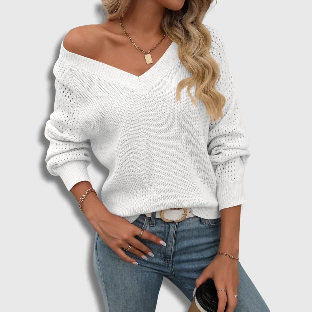Women's Ribbed Knit Sweater – V-Neck
