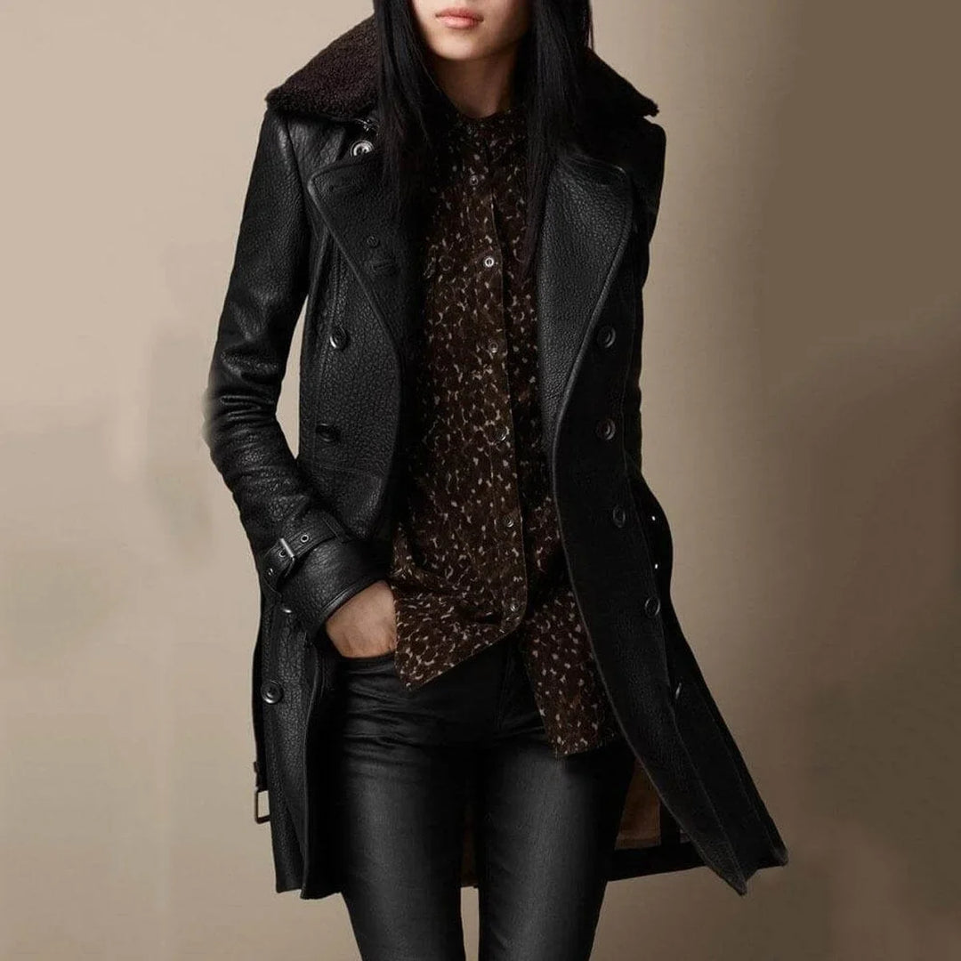 Women's Sleek Black Leather Jacket – Shearling Collar Long Sleeve Double Breasted Belted Cuff Style