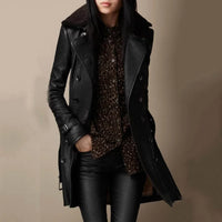 Women's Sleek Black Leather Jacket – Shearling Collar Long Sleeve Double Breasted Belted Cuff Style