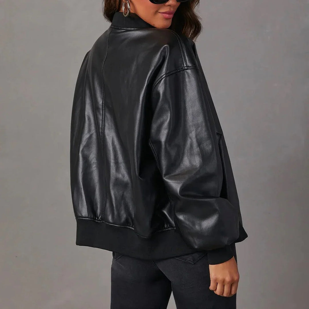 Women's Front Zip Faux Leather Oversized Bomber Jacket