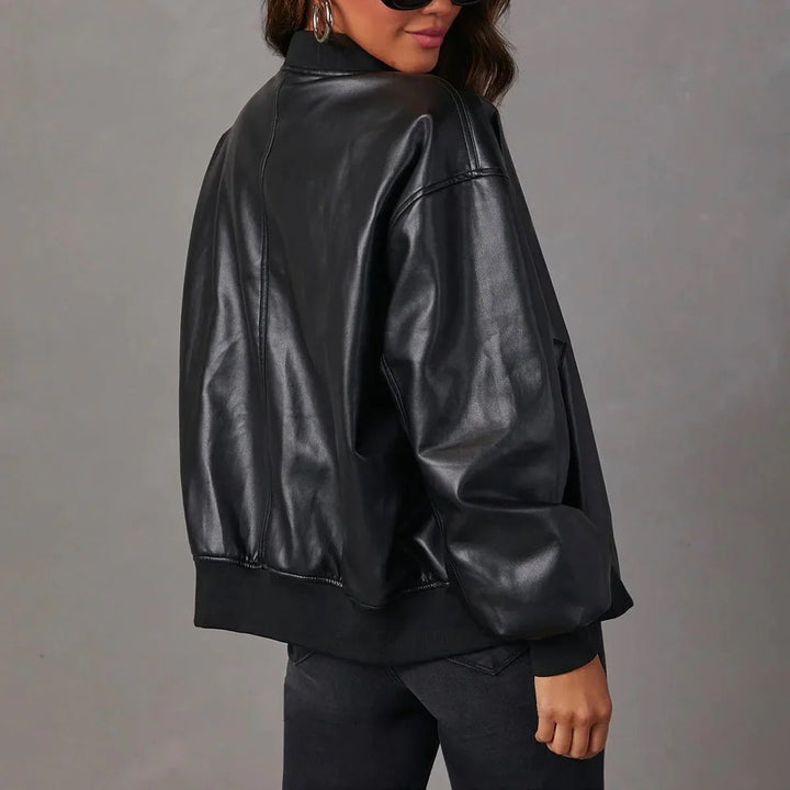 Women's Front Zip Faux Leather Oversized Bomber Jacket