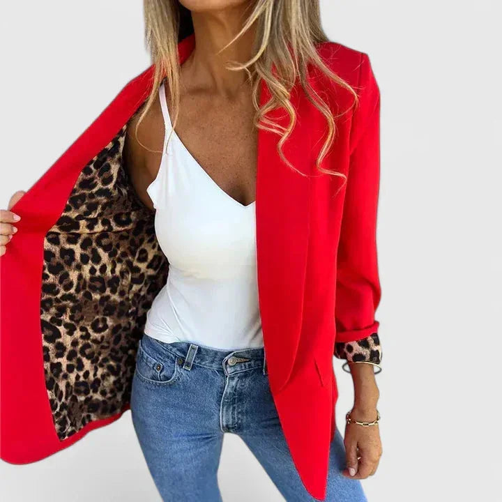 Women's Open-Front Notch Lapel Blazer – Leopard Print Cuffs
