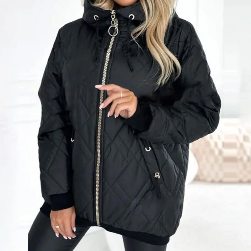 Women's Quilted Zip-Up Hood Puffer Jacket – Drawstring Details