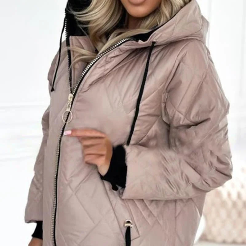 Women's Quilted Zip-Up Hood Puffer Jacket – Drawstring Details