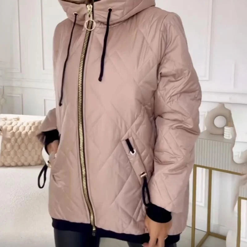 Women's Quilted Zip-Up Hood Puffer Jacket – Drawstring Details