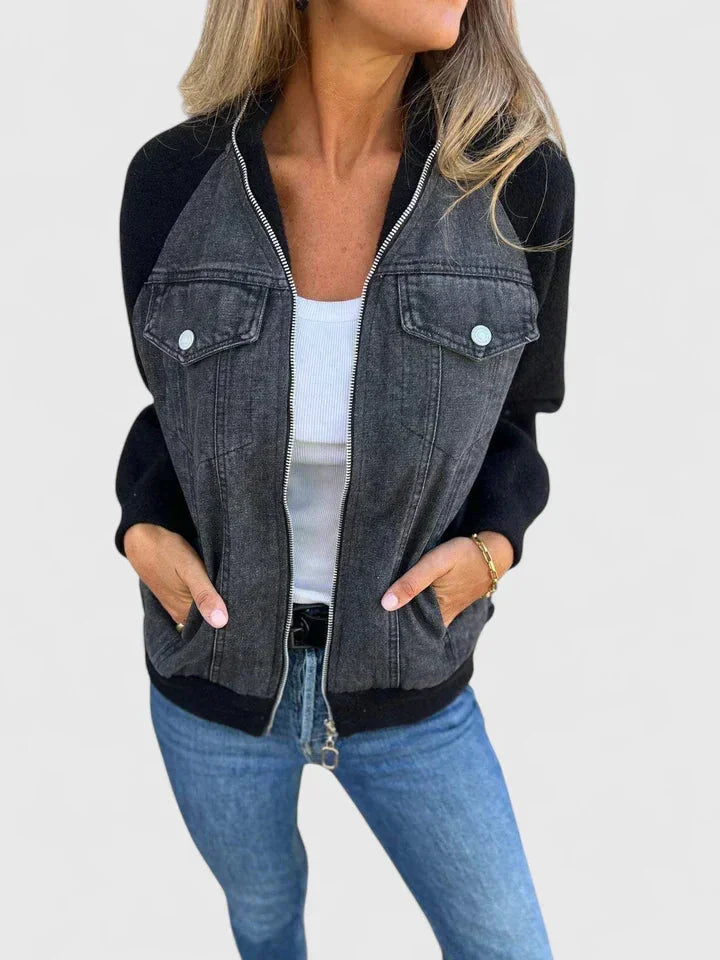 Women's Colourblock Denim Zip-Up Bomber Jacket – Chest Pockets