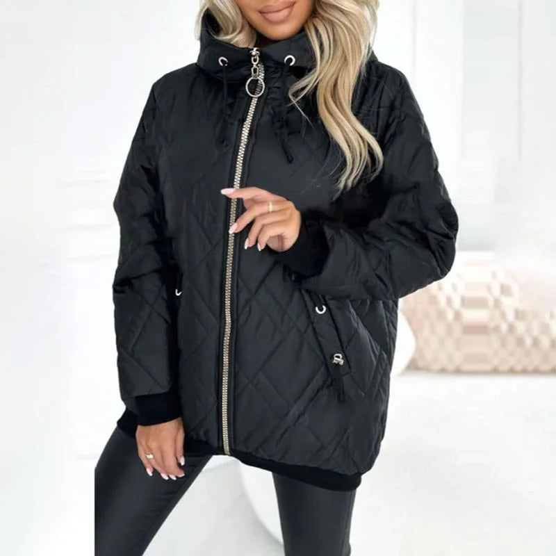 Women's Quilted Zip-Up Hood Puffer Jacket – Drawstring Details