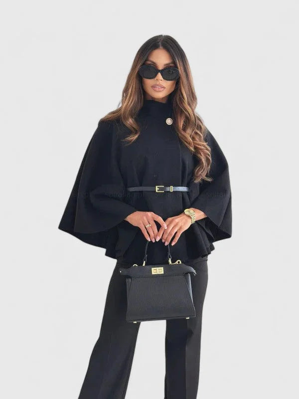 Women's Button-Front Stand Collar Cape – Batwing Sleeves