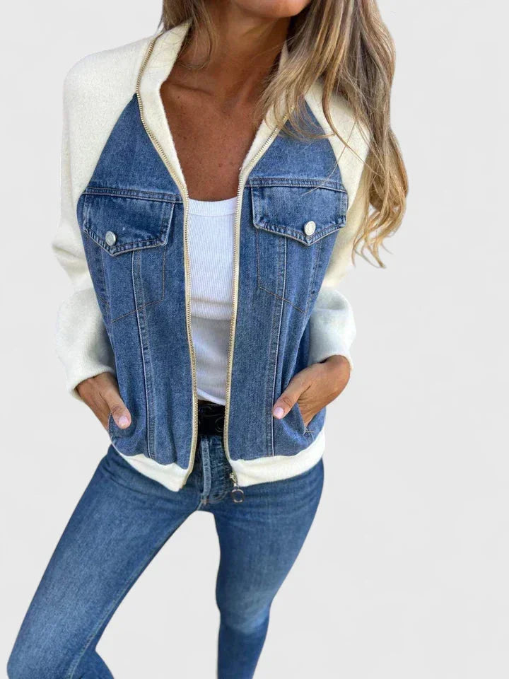Women's Colourblock Denim Zip-Up Bomber Jacket – Chest Pockets