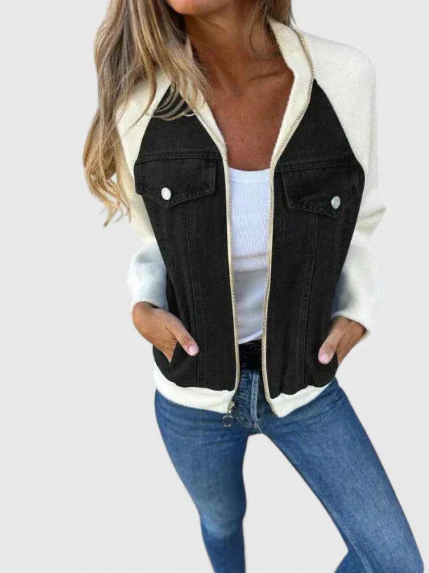 Women's Colourblock Denim Zip-Up Bomber Jacket – Chest Pockets