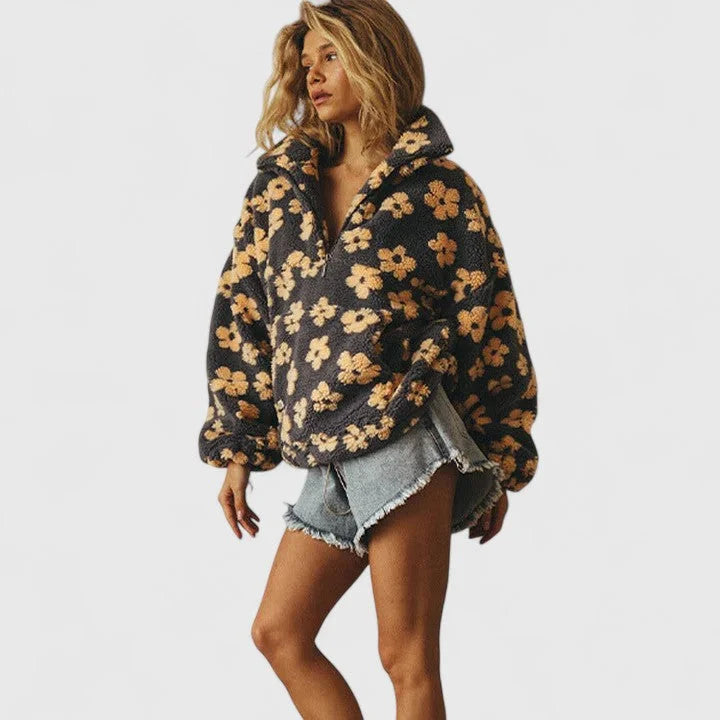 Women's Floral Borg Half-Zip Fleece Jacket – Front Pouch Pocket