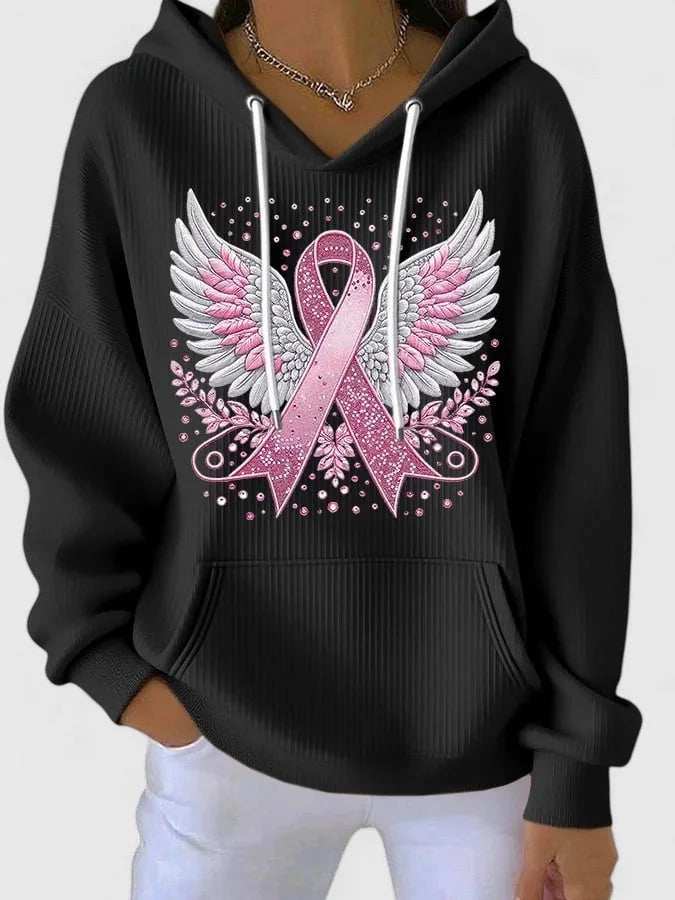 Women's Ribbed Hood Hoodie – Winged Ribbon Graphic