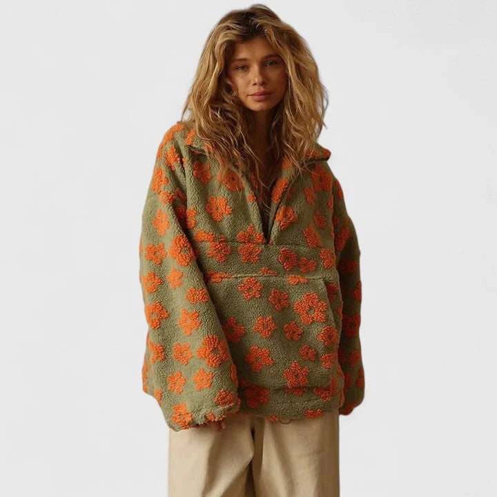 Women's Floral Borg Half-Zip Fleece Jacket – Front Pouch Pocket