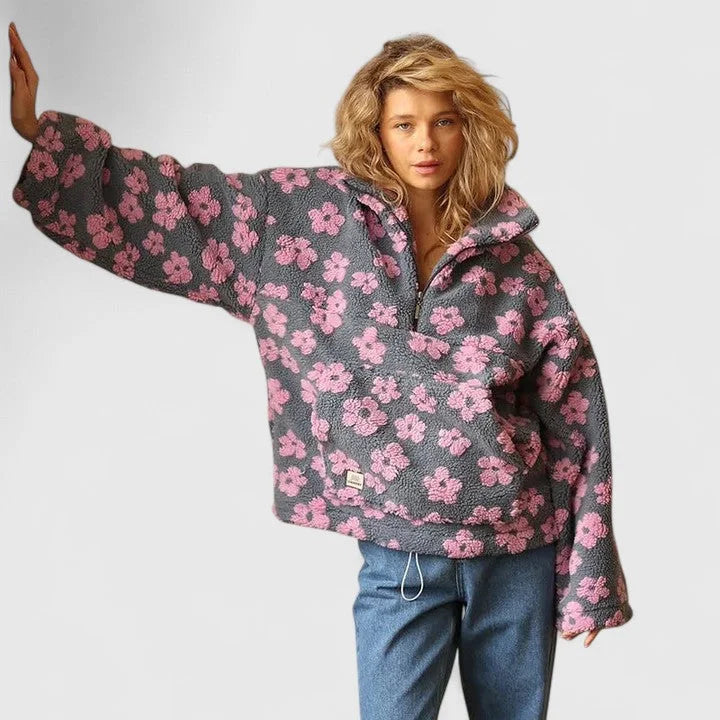 Women's Floral Borg Half-Zip Fleece Jacket – Front Pouch Pocket