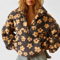 Women's Floral Borg Half-Zip Fleece Jacket – Front Pouch Pocket