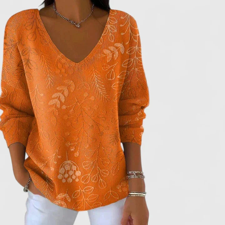 Women's Floral Ribbed V-Neck Jumper – Leafy Pattern