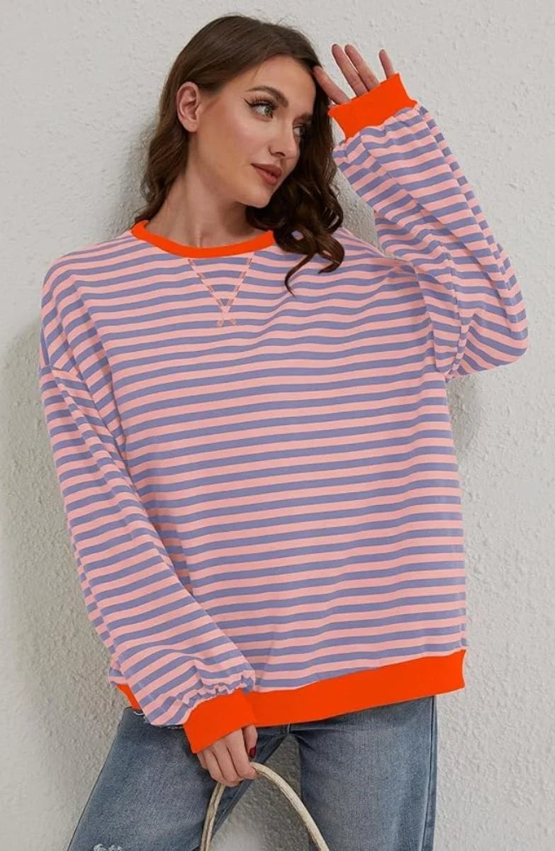 Women's Striped Oversized Pullover Sweater – Long Sleeves
