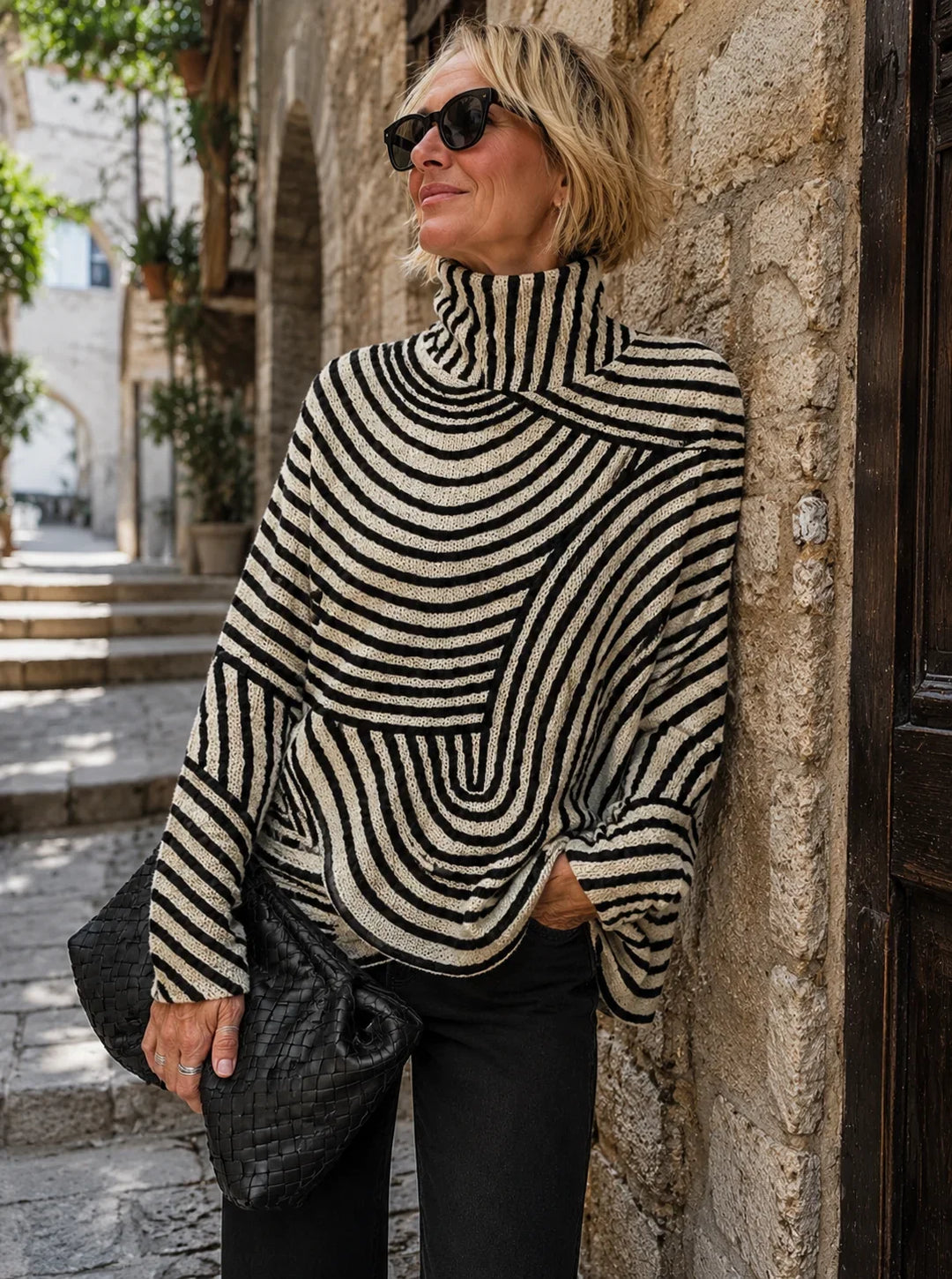 Women's Striped Roll Neck Turtleneck Sweater