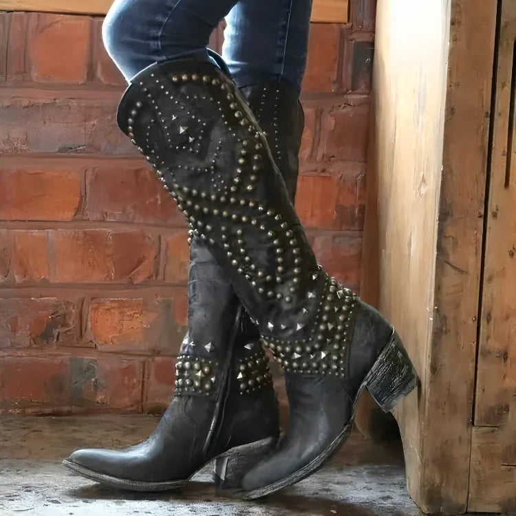 Women's Knee High Boots Cowboy Studded Pointed Toe Block Heel