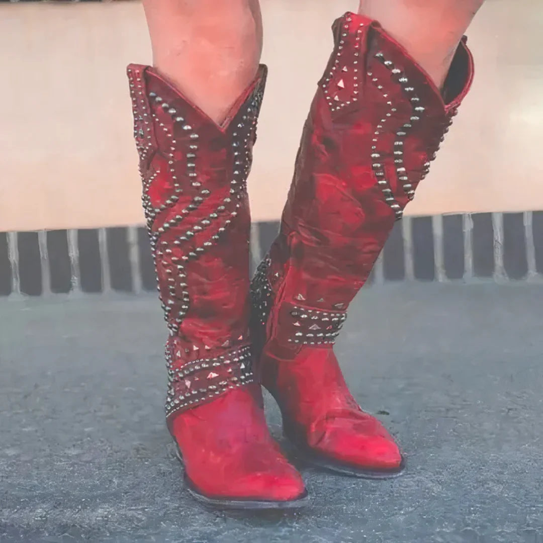 Women's Knee High Boots Cowboy Studded Pointed Toe Block Heel