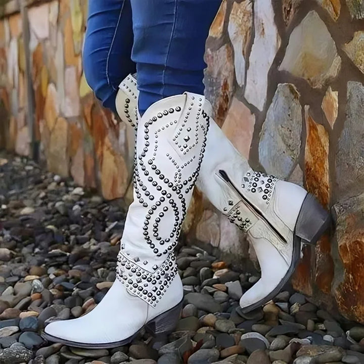 Women's Knee High Boots Cowboy Studded Pointed Toe Block Heel