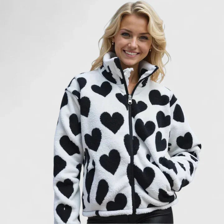 Women's Borg Zip-Up Stand Collar Fleece Jacket – Heart Print