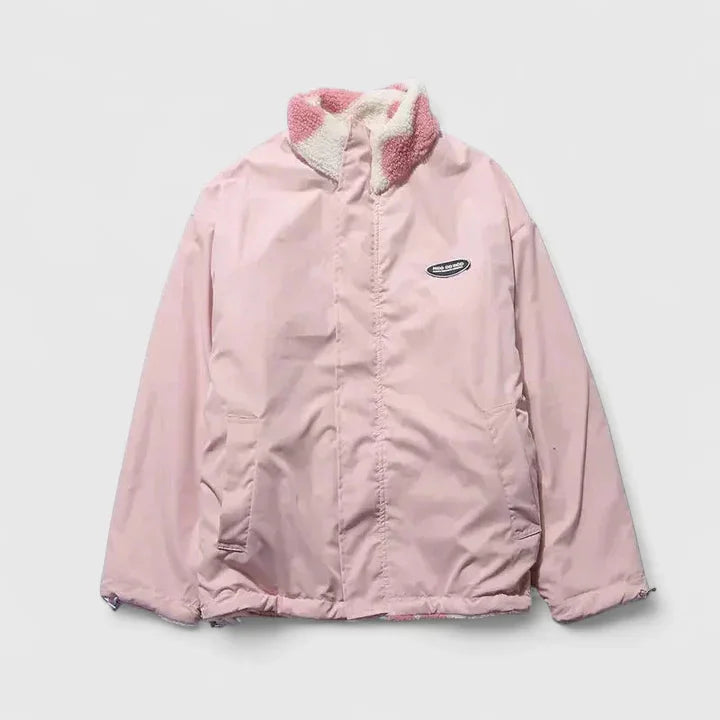 Women's Borg Zip-Up Stand Collar Fleece Jacket – Heart Print