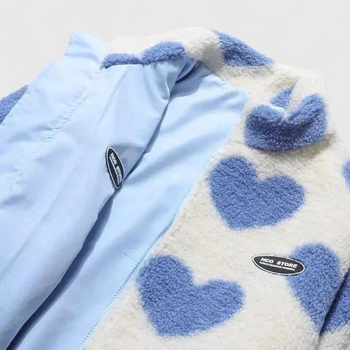 Women's Borg Zip-Up Stand Collar Fleece Jacket – Heart Print