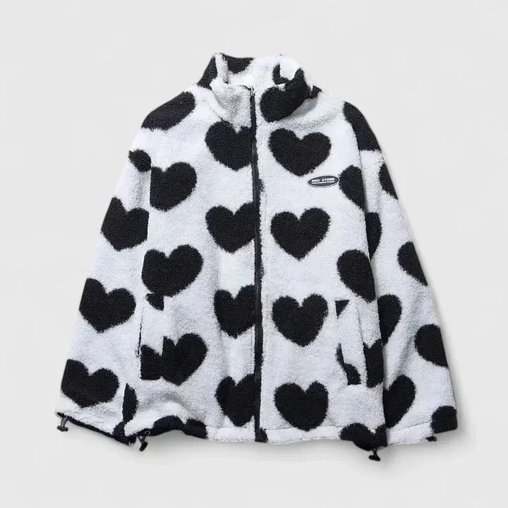 Women's Borg Zip-Up Stand Collar Fleece Jacket – Heart Print
