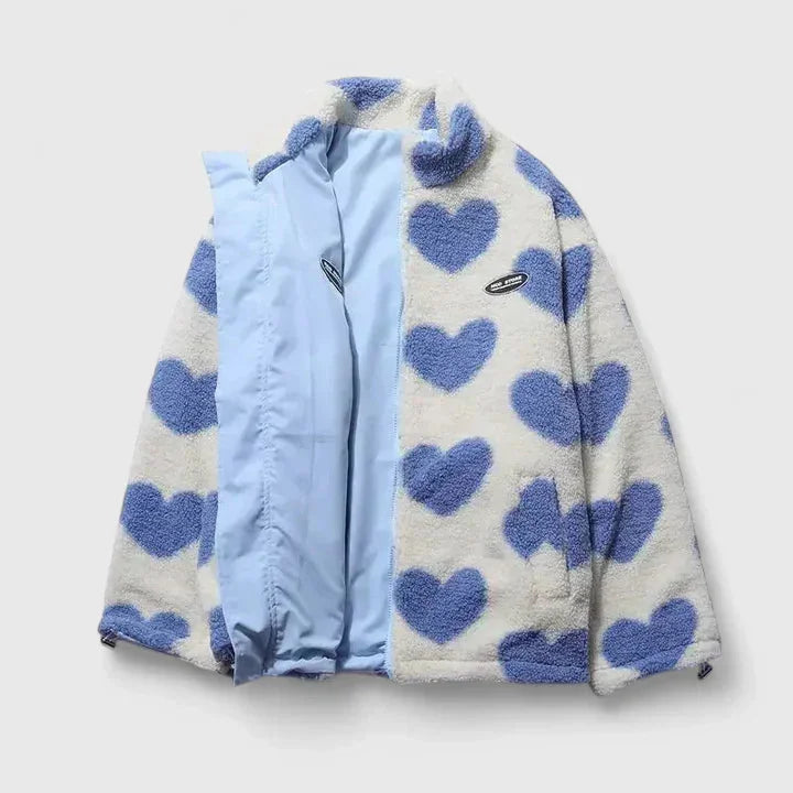 Women's Borg Zip-Up Stand Collar Fleece Jacket – Heart Print