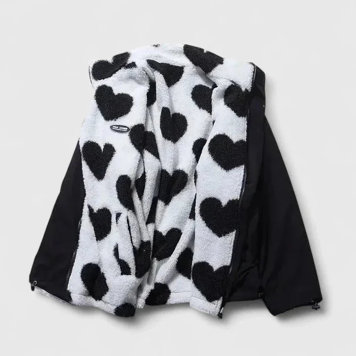 Women's Borg Zip-Up Stand Collar Fleece Jacket – Heart Print