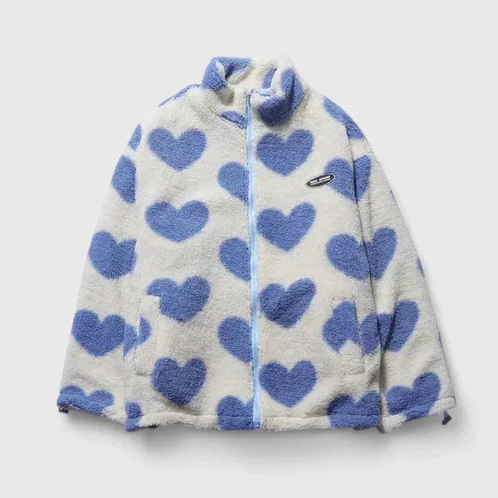 Women's Borg Zip-Up Stand Collar Fleece Jacket – Heart Print