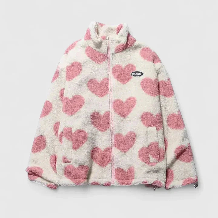 Women's Borg Zip-Up Stand Collar Fleece Jacket – Heart Print