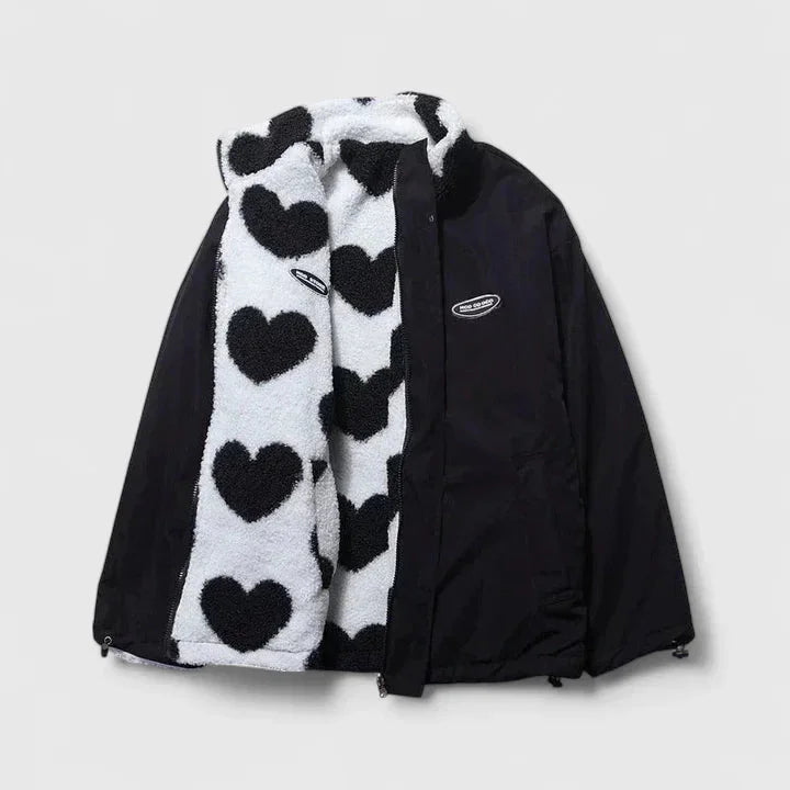 Women's Borg Zip-Up Stand Collar Fleece Jacket – Heart Print