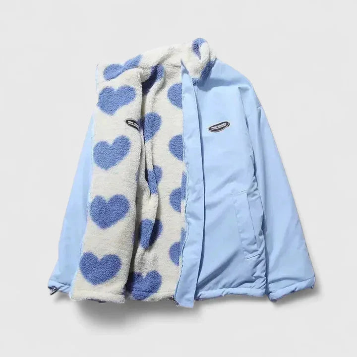 Women's Borg Zip-Up Stand Collar Fleece Jacket – Heart Print