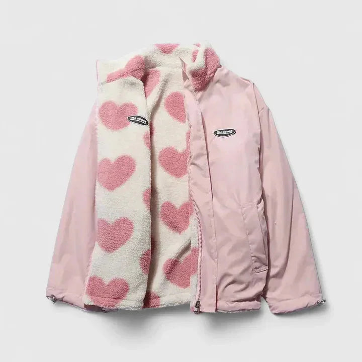Women's Borg Zip-Up Stand Collar Fleece Jacket – Heart Print