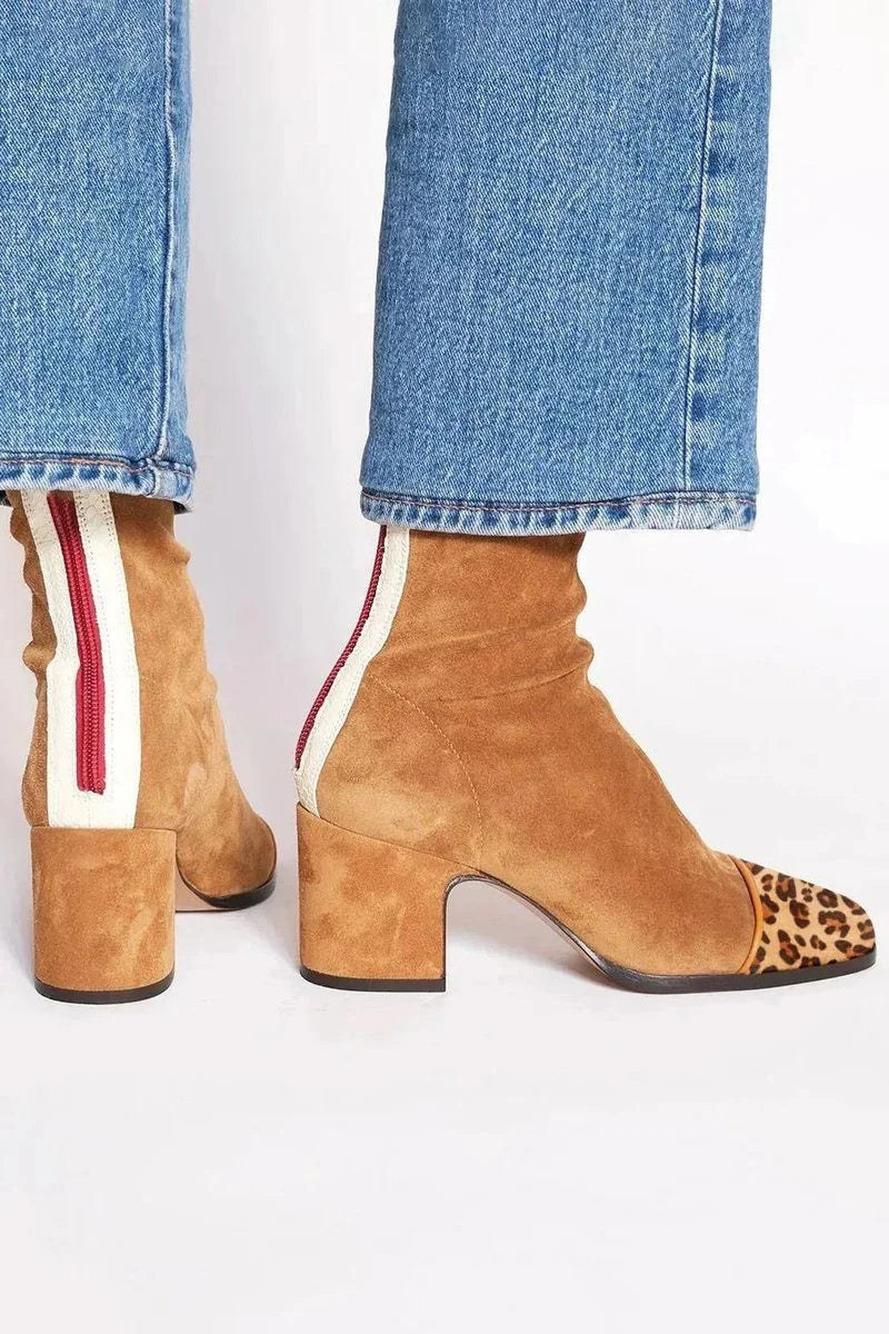 Women's Suede Block Heel Ankle Boots – Leopard Toe