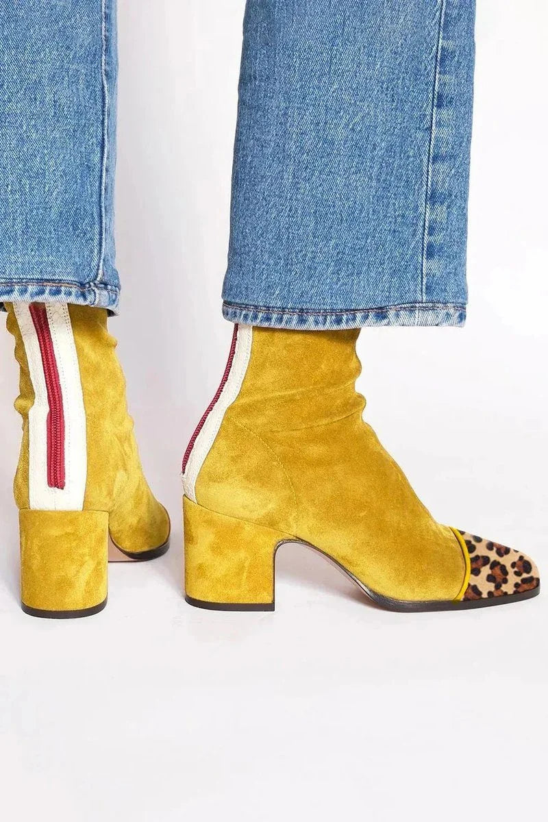 Women's Suede Block Heel Ankle Boots – Leopard Toe